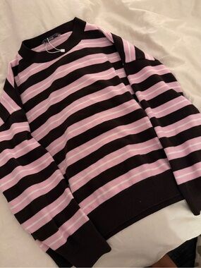 Mango Black and Pink Striped Crewneck Sweater